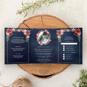 Invitation Trois Volets Blush rose et Bourgogne Floral Navy Mariage bleu