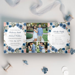 Invitation Trois Volets Blush Rose Navy Blue Floral Photo Collage Mariage