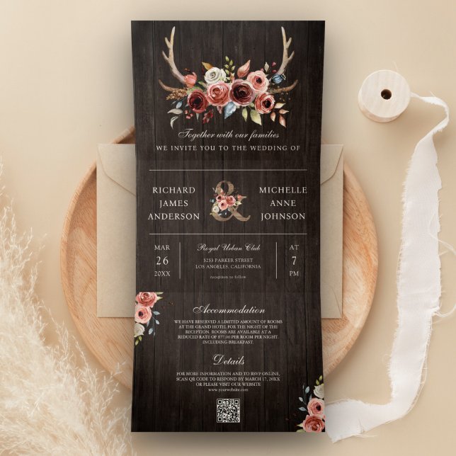 Invitation Trois Volets Bohème bois ramure Terracotte Fleurs Mariage Code  (Créateur téléchargé)