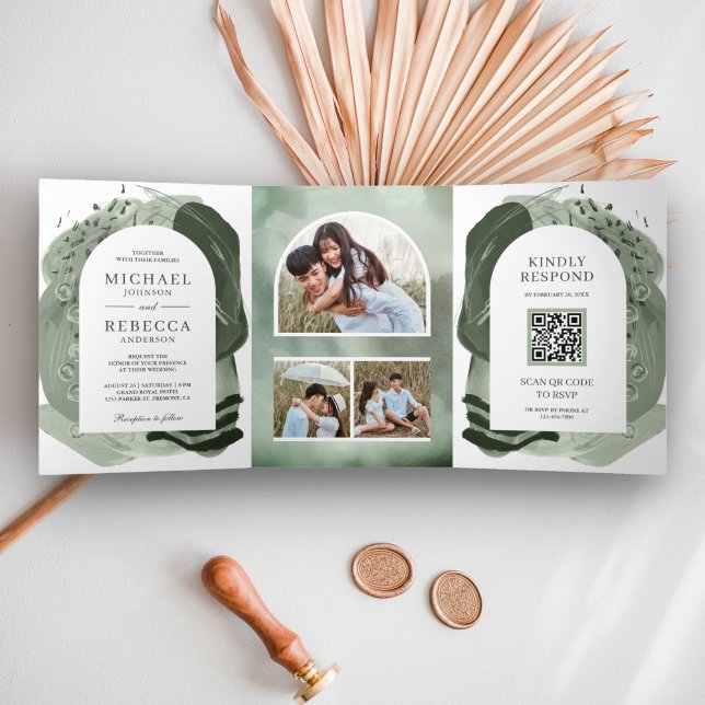Invitation Trois Volets Boho Arch Sage Green Brush Strokes QR Code Mariage (Créateur téléchargé)