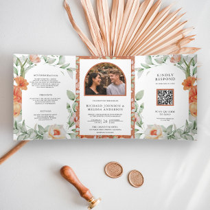 Invitation Trois Volets Boho Arch Terrien Floral Code QR Mariage