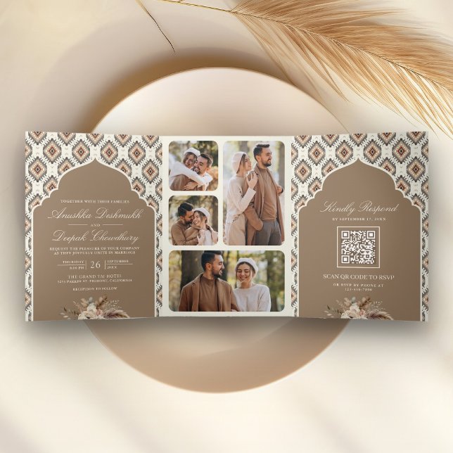 Invitation Trois Volets Boho Beige Ivory Ikat Photo Collage Mariage indien (Créateur téléchargé)