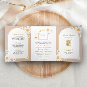 Invitation Trois Volets Boho Beige Rétro Jaune Daisy Mariage Tout en Un