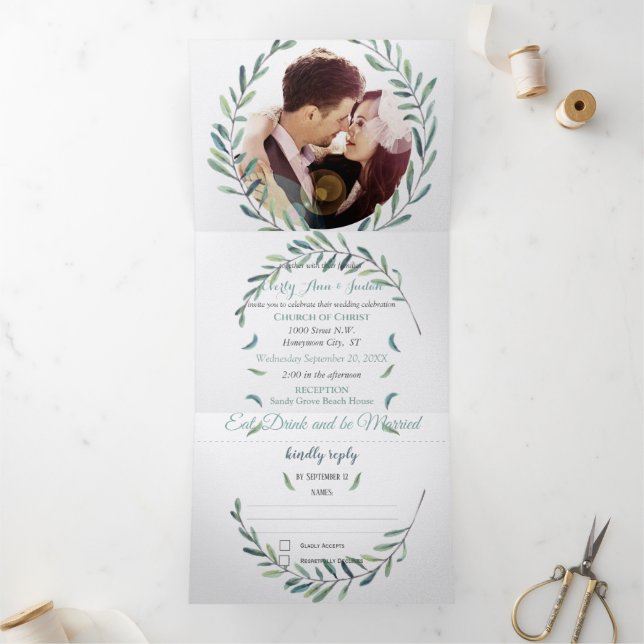 Invitation Trois Volets Boho Blue et Green Wreath Mariage (Intérieur)