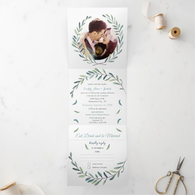 Invitation Trois Volets Boho Blue et Green Wreath Mariage (Intérieur)