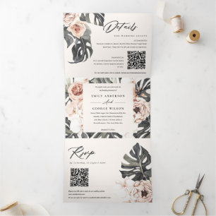 Invitation Trois Volets Boho Blush Rust Monstera Floral 2 QR Code Mariage