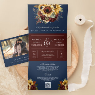 Invitation Trois Volets Boho Burgundy Roses Sunflower Navy QR Code Mariage