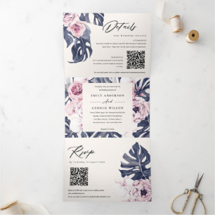 Invitation Trois Volets Boho Navy Rose Monstera Floral 2 QR Code Mariage