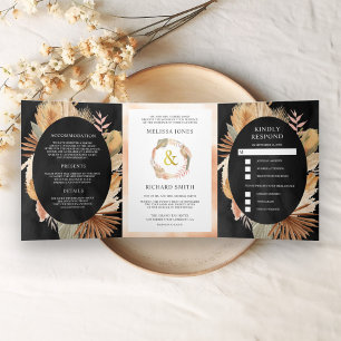 Invitation Trois Volets Boho Pampas séché Palm noir tout en un Mariage