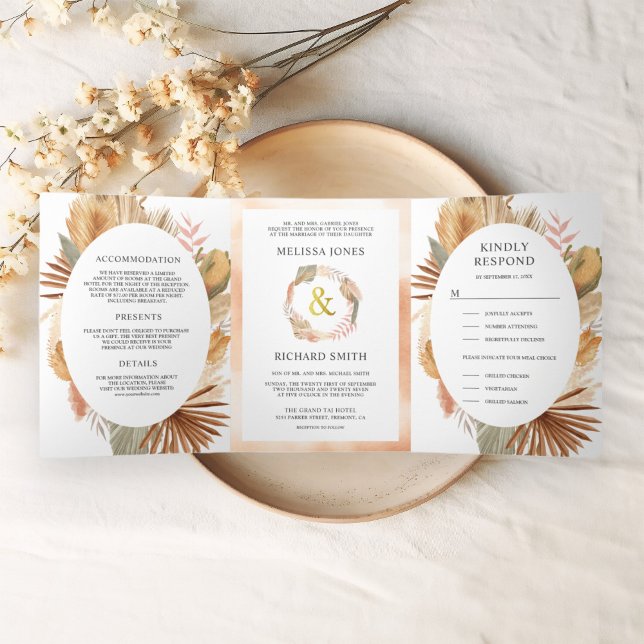 Invitation Trois Volets Boho Pampas séché Palm tout en un Mariage (Créateur téléchargé)