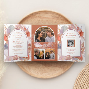 Invitation Trois Volets Boho Rustique Coquillages Nautique QR Code Mariage