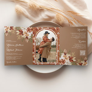 Invitation Trois Volets Boho Terracotta Floral Fleur Sauvage Beige Mariage
