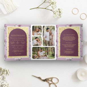 Invitation Trois Volets Boho Violet Floral Combinaison Dorée Mariage Indie