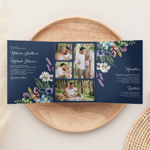 Invitation Trois Volets Boho Wildflower Photo Tout en Un Mariage Bleu Mari