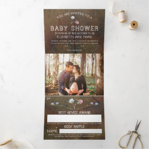Invitation Trois Volets Bois de chêne fleur sauvage, Suite Baby shower