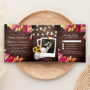 Invitation Trois Volets Bois rustique automne Feuilles d'automne tout en u