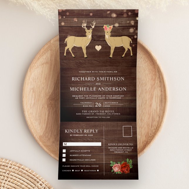 Invitation Trois Volets Bois rustique Buck et Doe Romantic Deer Mariage (Créateur téléchargé)