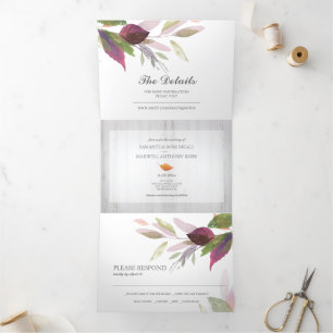 Invitation Trois Volets Bois rustique et feuillage tout en un mariage Invi