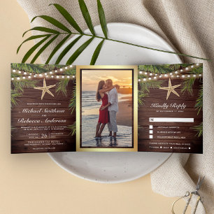 Invitation Trois Volets Bois Rustique Feuilles de Palmiers Tropicaux Étoil