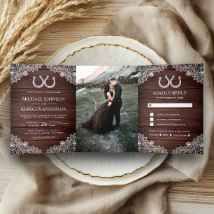 Invitation Trois Volets Bois rustique Horseshoe dentelle Mariage Photo