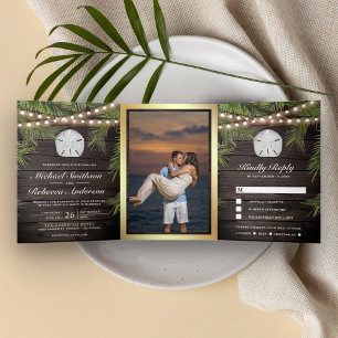 Invitation Trois Volets Bois rustique Tropical Palm Leaf Mariage Dollar