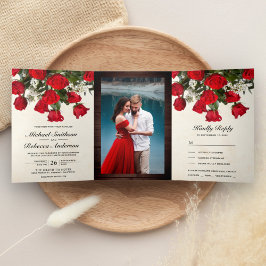 Invitation Trois Volets Bouquet de roses rouges romantiques rustiques Mari