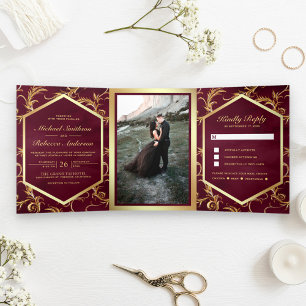 Invitation Trois Volets Bourgogne et or Flourd Mariage photo