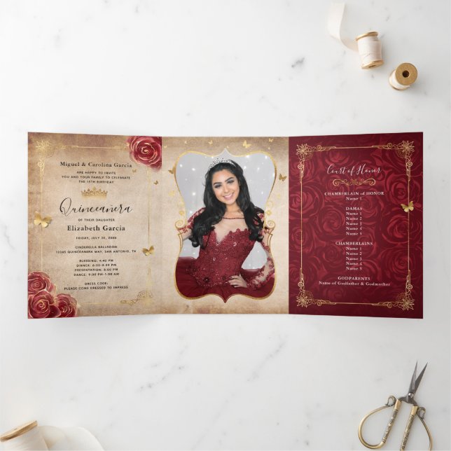 Invitation Trois Volets Bourgogne et Rose d'or Elégante photo Quinceanera (Intérieur)