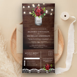 Invitation Trois Volets Bourgogne Floral Mason Jar String Mariage