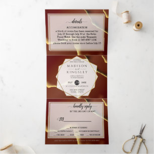 Invitation Trois Volets Bourgogne Or 🌿 Élégant Mariage Abstrait épais