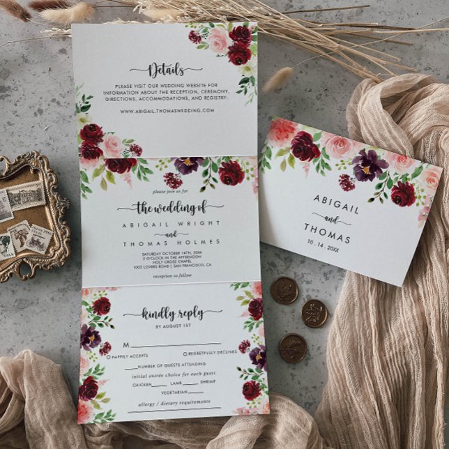 Invitation Trois Volets Bourgogne rose pourpre printemps Mariage floral de (Créateur téléchargé)
