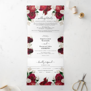 Invitation Trois Volets Bourgogne Rouge & Élégant Mariage Floral Blanc