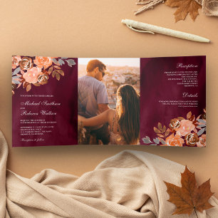 Invitation Trois Volets Bourgogne Rustique Terreux Terracotta Floral Maria