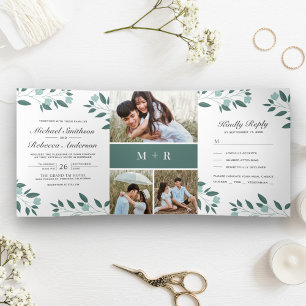 Invitation Trois Volets Branche de feuilles sarcelle 3 en 1 Photo Collage