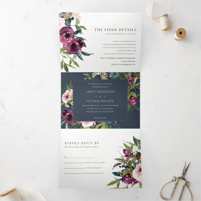 INVITATION TROIS VOLETS BRILLANT BURGUNDY VERT MARIAGE FLORAL BUNCH (Intérieur)