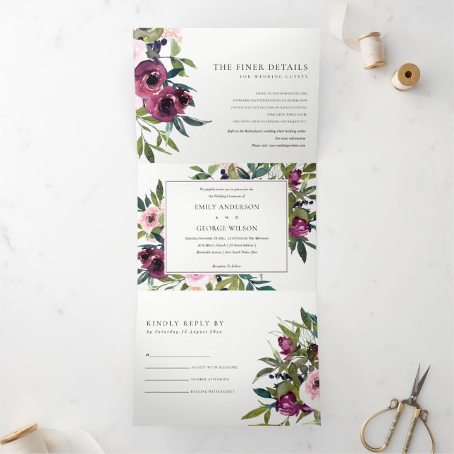 INVITATION TROIS VOLETS BRILLANT BURGUNDY VERT MARIAGE FLORAL BUNCH (Intérieur)