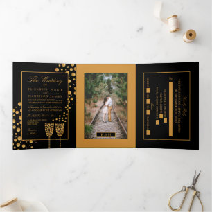 Invitation Trois Volets Bulles de Champagne Noir & Or, Suite Mariage