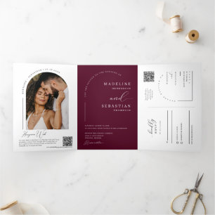 Invitation Trois Volets Burgundy Modern Minimal Arch Photo QR Code Wedding