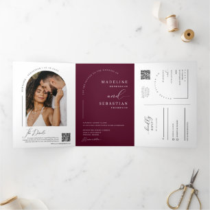 Invitation Trois Volets Burgundy moderne Boho Arch Photo QR Code Mariage
