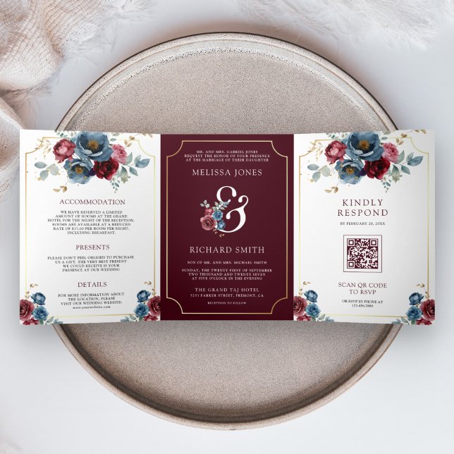Invitation Trois Volets Burgundy Navy Floral Ampersand QR Code Wedding (Créateur téléchargé)