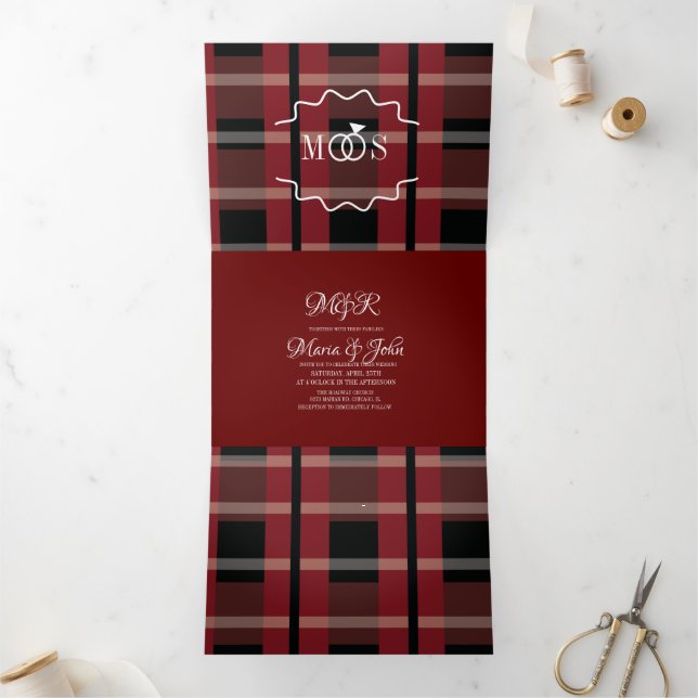Invitation Trois Volets Burgundy Noir Plaid Blanc Anneau Logo Mariage (Intérieur)