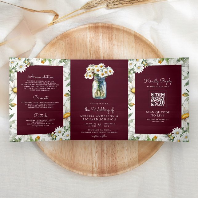 Invitation Trois Volets Burgundy Wood Daisies Mason Jar QR Code Wedding (Créateur téléchargé)