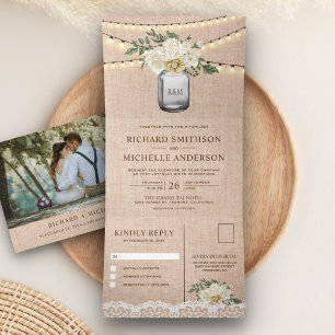 Invitation Trois Volets Burlap Cream Floral Mason Jar String Mariage