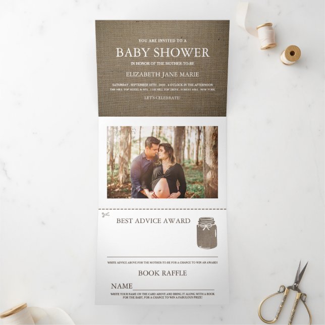 Invitation Trois Volets Burlap Mason Jar, Suite Baby shower (Intérieur)