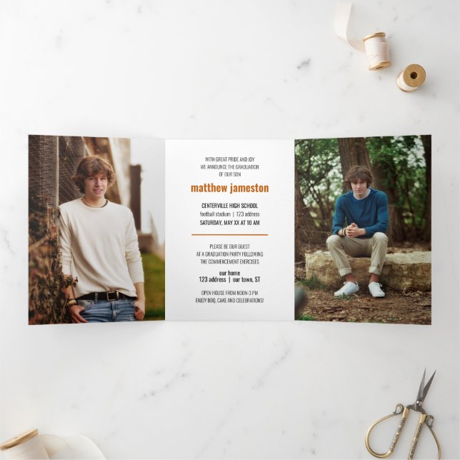 Invitation Trois Volets Burnt Orange Bold & Modern Photo Graduation (Intérieur)