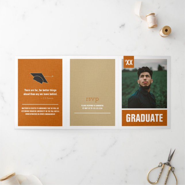 Invitation Trois Volets Burnt Orange Modern Textured Photo Graduation (Extérieur)