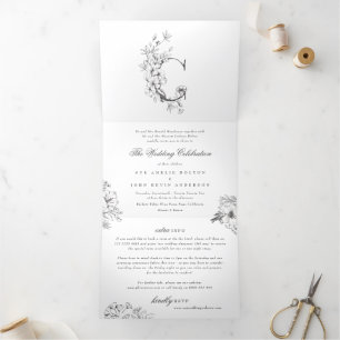 Invitation Trois Volets 'C' Monogramme Beau Mariage floral croisé