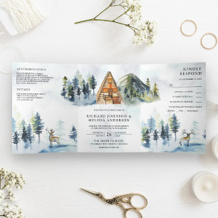 Invitation Trois Volets Cabane A-cadre Lodge Mariage Hiver Montagne Forêt
