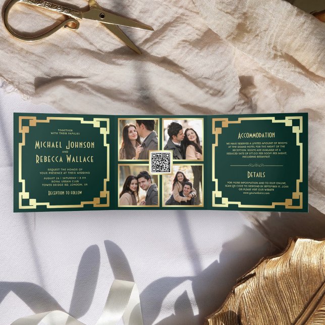 Invitation Trois Volets Cadre Art Déco carré Emerald Gold QR Code Mariage (Créateur téléchargé)