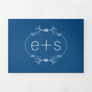 Invitation Trois Volets Cadre blanc élégant, initiales mariage bleu classi